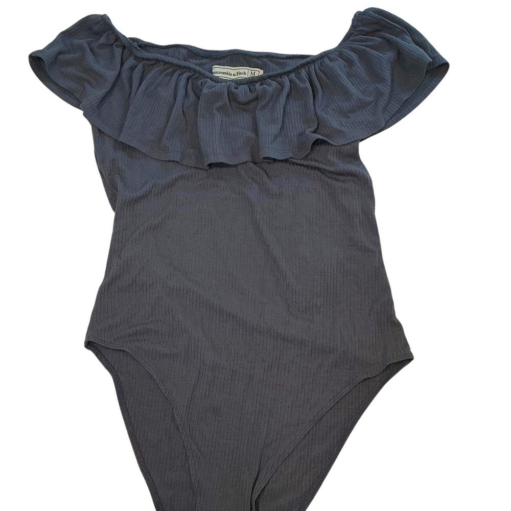 Abercrombie & Fitch Ruffle Off Shoulder Ribbed Bodysuit Blue Womens Medium